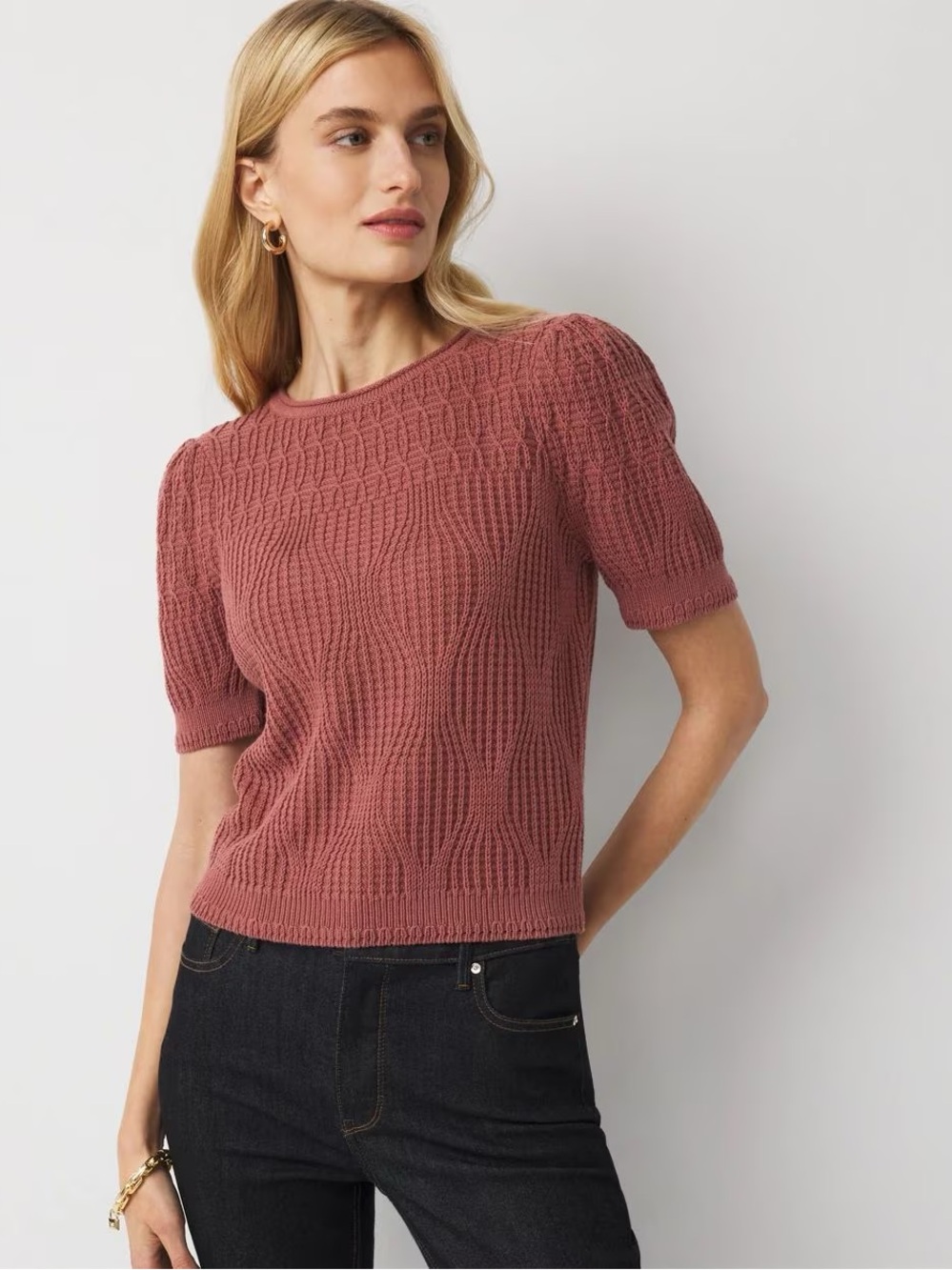 WHBM Novelty Stitch Puff Sleeve Pullover Pink Size Medium